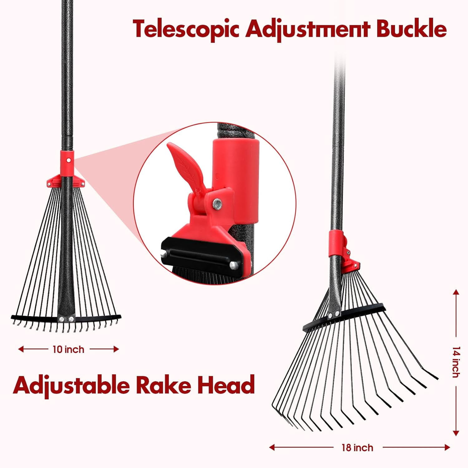 Rake for Leaves with Metal Tines Expandable Head Adjustable Handle for Lawn Leaf Rake Yard Tools for Collecting Leaves, Grass Clippings, Garbage
