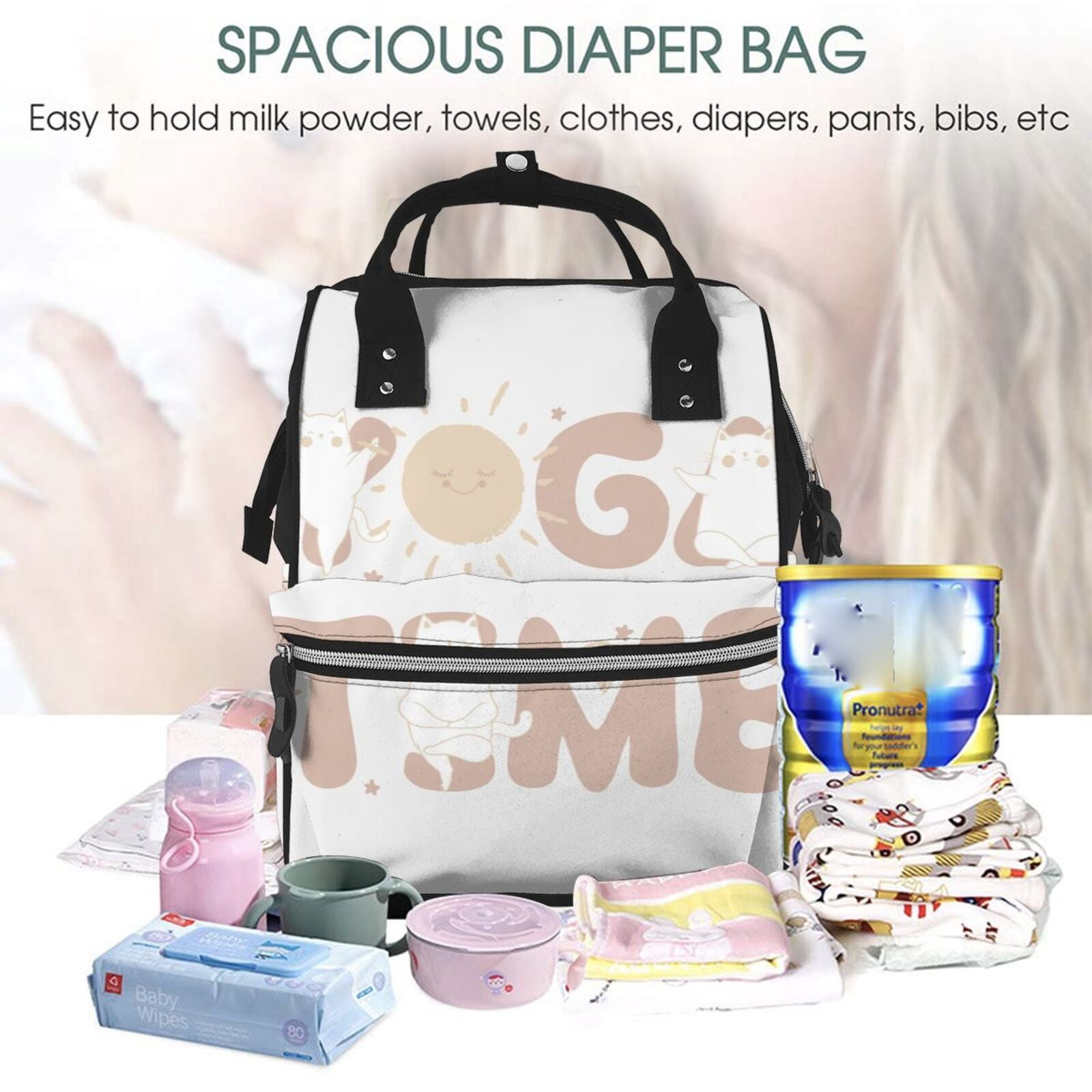 Fuzoiu Cat Yoga Time Print Diaper Bag Backpack,Baby Essentials Travel Tote,Multi function Waterproof Diaper Bag, Travel Essentials Baby Bag - Unisex