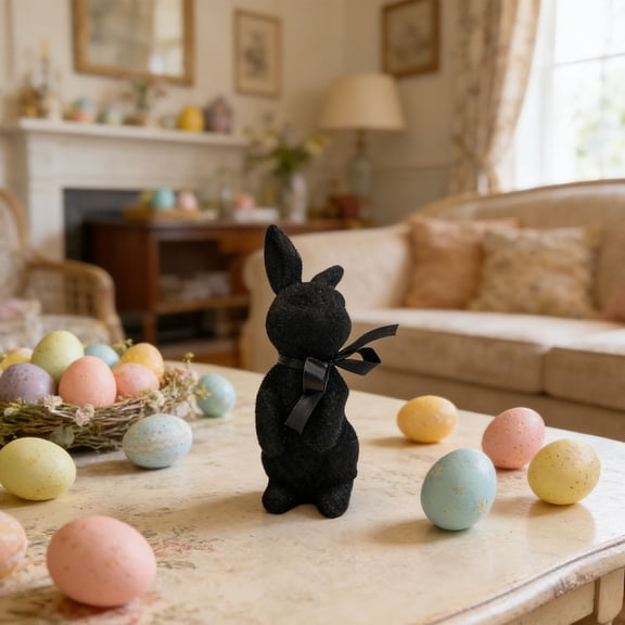 Flocked Easter Bunny Figurine, Standing Rabbit with Bow Tie, Soft Textured Animal Decor for Easter Home, Spring Tabletop Decoration, 4.5 Inches