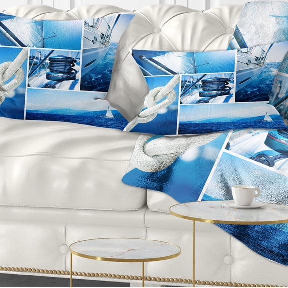 Designart Sailing Yacht in Blue Sea Collage - Seashore Throw Pillow - 12x20
