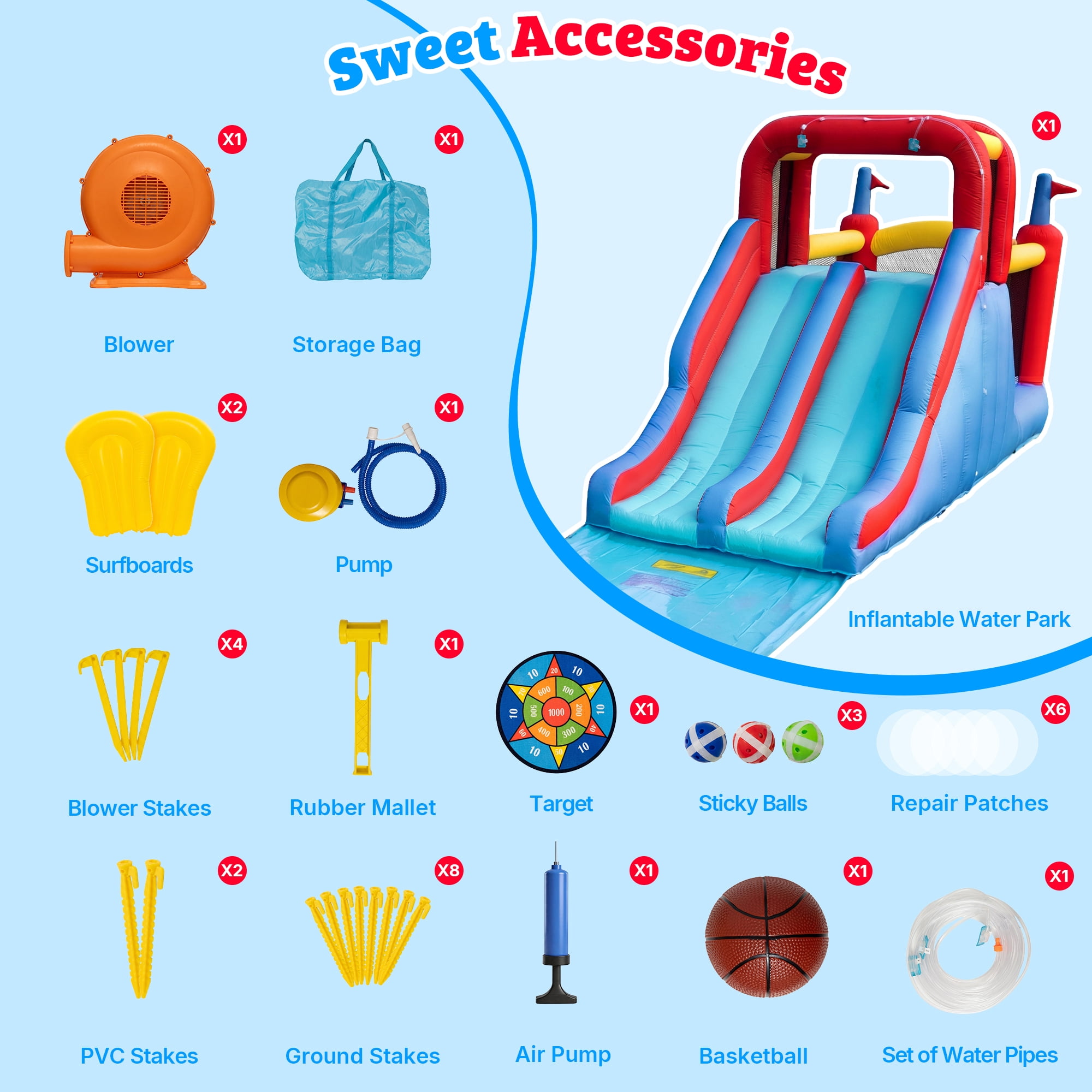 Sunnyfree Inflatable Water Slide for Kids 3+, 2 Extra Long Slides with Sprinkler, 2 Slip Inflatable Boards&112in Removable Slide, Indoor/Outdoor