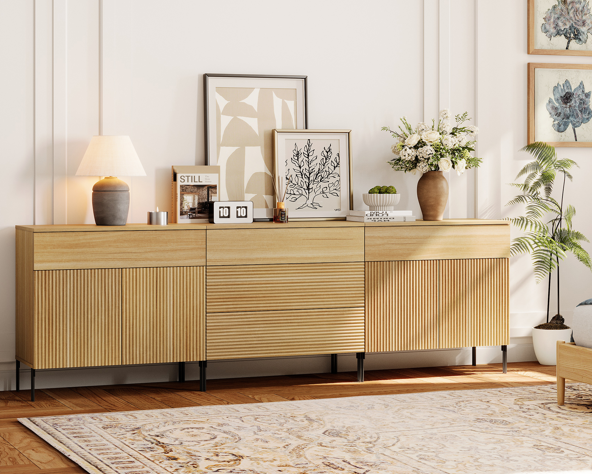 94.5" Modern Reeded 5-Drawer Dresser Set for Bedroom, Minimalist Chest of Drawers with Storage, Wooden Dresser for Living Room, Bedroom, Entryway