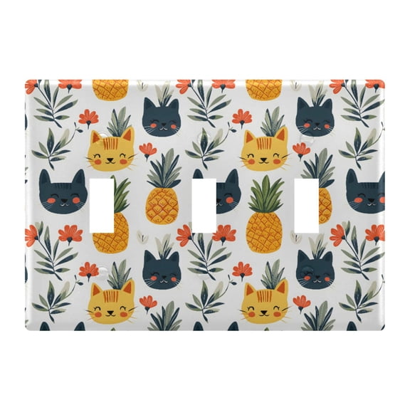 Cats and Pineappleawhite Pattern Toggle Switch Wall Plate 3-Gang Unbreakable Durable PC Flush Fit Round Edge 4.48x6.37in