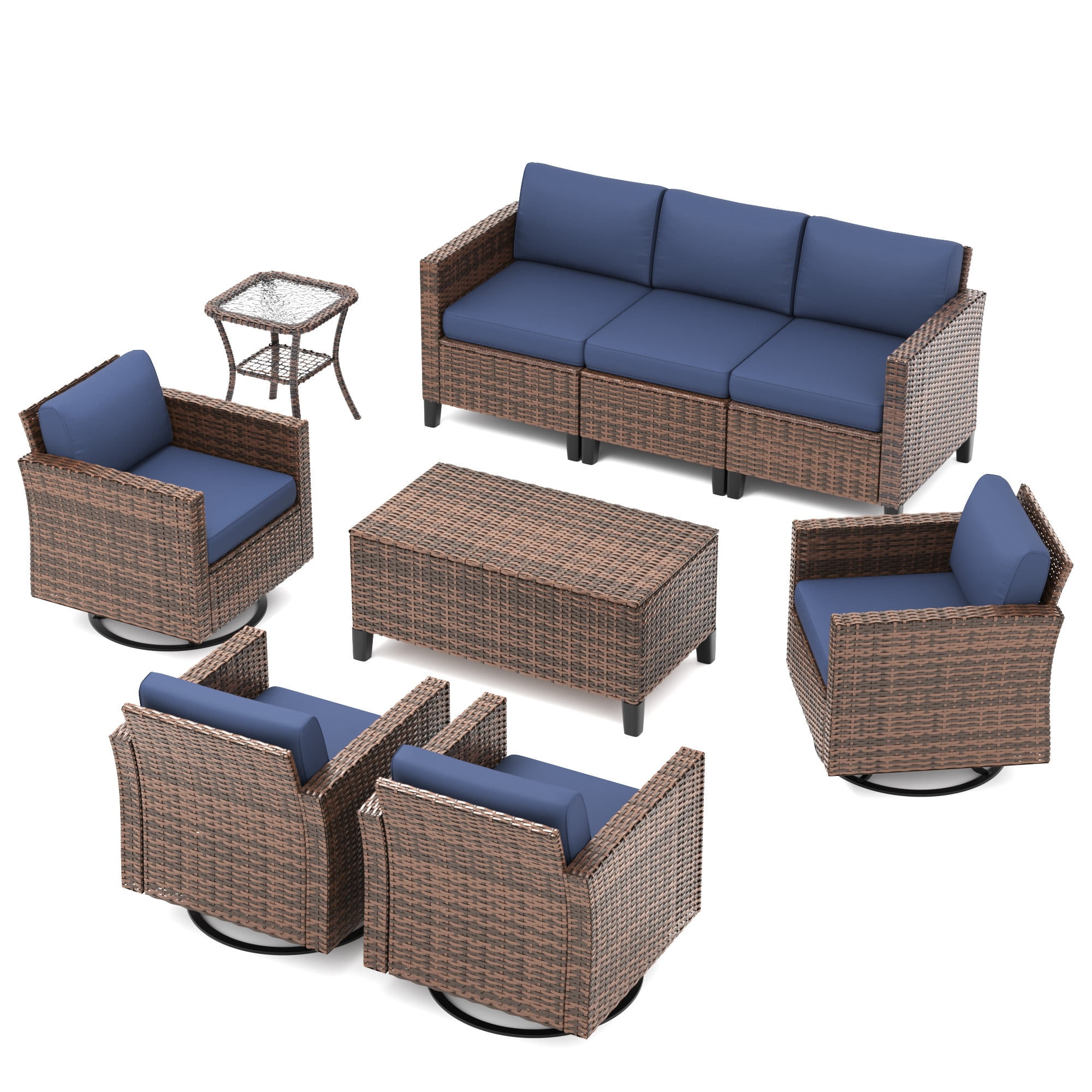 ELPOSUN Patio Furniture 10 Peces Wicker Outdoor Sectional Sofa Sets, Rattan Conversation Set with Storage Table, Swivel Chairs for Backyard, Pool, Navy（Include Waterproof Covers ）