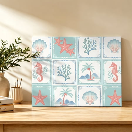 Coastal Seahorse Canvas Wall Art Summer Coral Seashells Starfish Palms Green Plaid Wall Art Prints Artwork Framed Canvas Ready to Hang Art Pictures for Bathroom Dressing Table Entryway 12 x 8