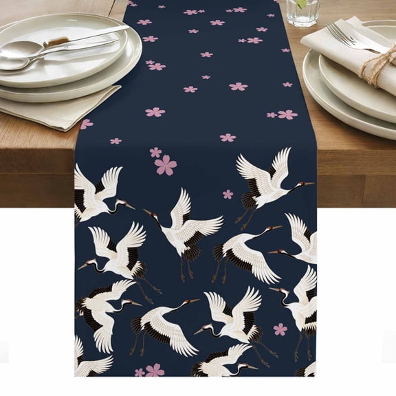 Pink Cherry Blossoms Table Runner - 72 Inch Long, Kitchen Dining Table Runner Dresser Scarves, Japanese Crane Navy Blue Farmhouse Decor for Coffee Tables Wedding Party Banquet
