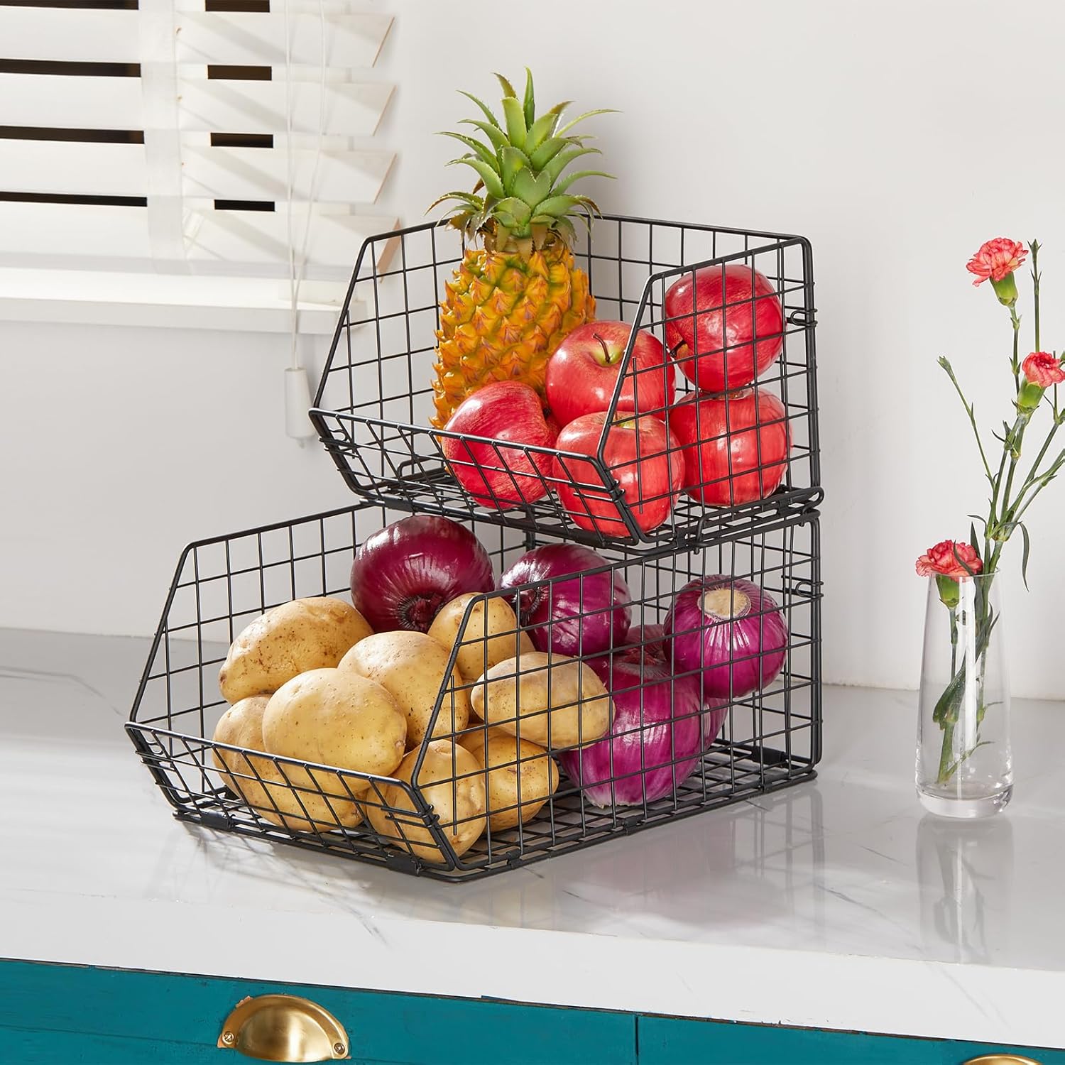 XCOSRACK 2-Tier Stackable Fruit Basket for Kitchen Counter, Metal Wire Produce & Snack Storage Bin, Freestanding Potato and Onion Pantry Organizer, Black
