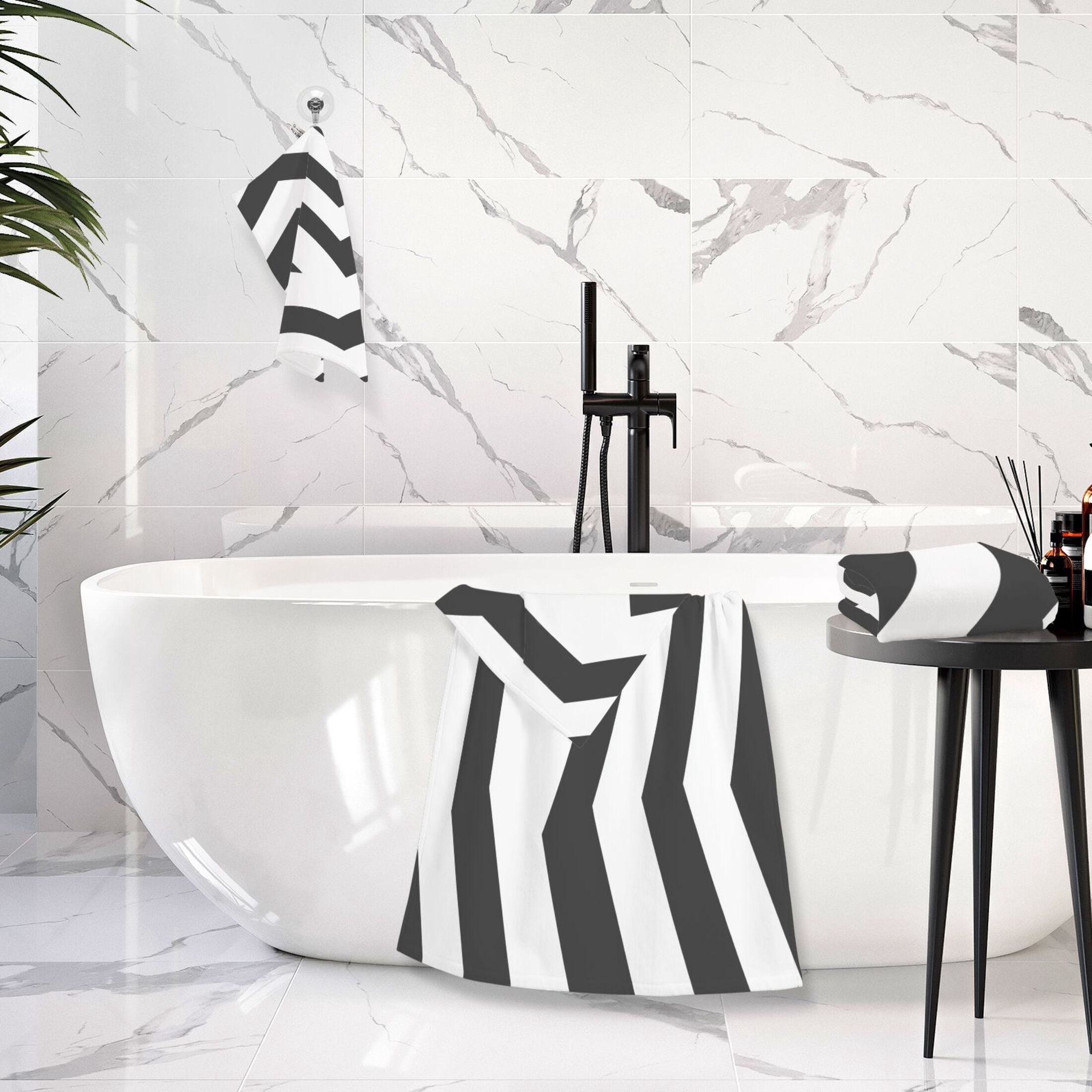 Black and White Stripes 2 Piece Cotton Bath and Face Towel Set Soft and Absorbent, for Beach Pool Bathroom