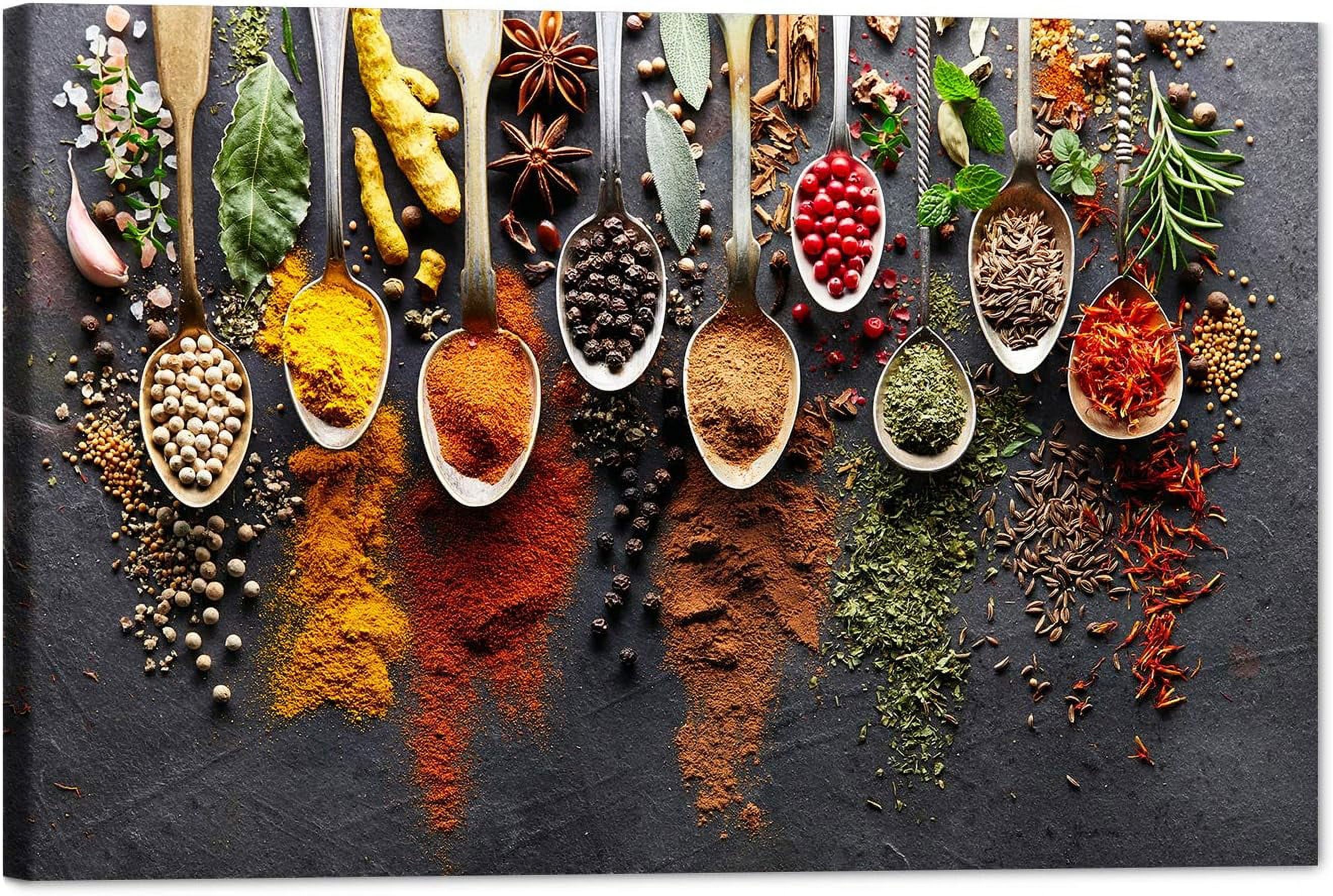 Kitchen Canvas Wall Art Couful Spice in Spoon Vintage Picture Dining Room Canvas Painting for Home Wall Decor, Spices Framed Artwork for Kitchen Restaurant Wall Decoration Ready to Hang (12" Hx18 W)