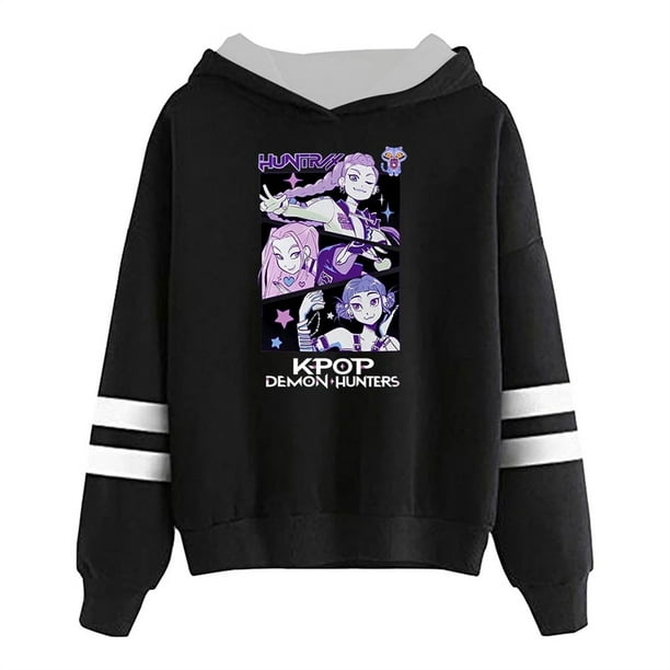 Moonsky Sudadera con capucha de moda para mujer de la cantante pop Dem/0n HUNTR/X con jersey corto, suave y cómoda, top de manga larga para uso informal en primavera, otoño e invierno. (Negro XL)
