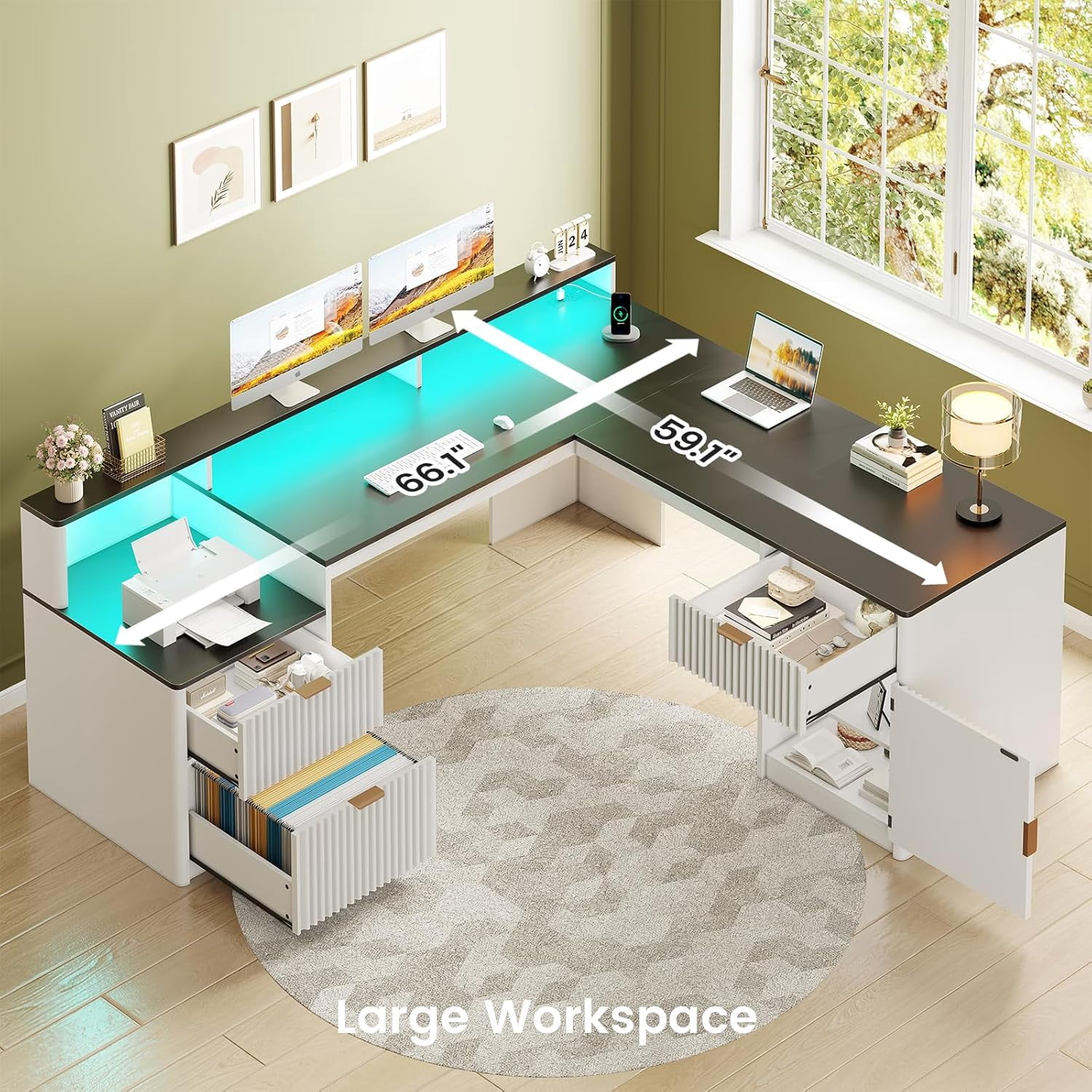 66" Fluted Home Office Desk with Storage, L Shaped Desk with Power Outlets & Monitor Stand, Wood Computer Desk with Drawers & Cabinet, Corner Desk with LED Lights for Bedroom, White