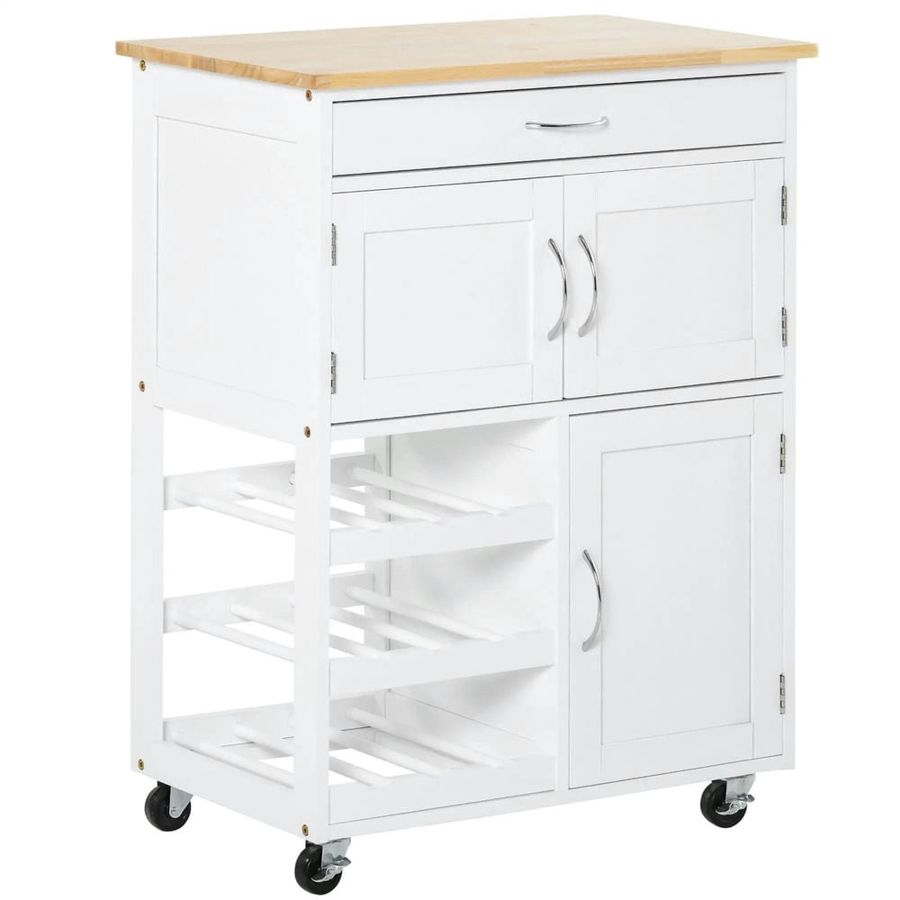 Topcobe Rolling Kitchen Cart, Kitchen Island with Storage Drawer, 9-bottle Wine Rack, Door Cabinets, Wooden Countertop, Modern Furniture, Kitchen Island Carts for Indoor, White