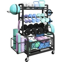 CZMJY Weight Plate Rack Home Gym Yoga Mat Holder, Metal Dumbbell Rack Stand Fitness Equipment Storage with Hooks & Wheels for Kettlebells/Yoga Ball, Black