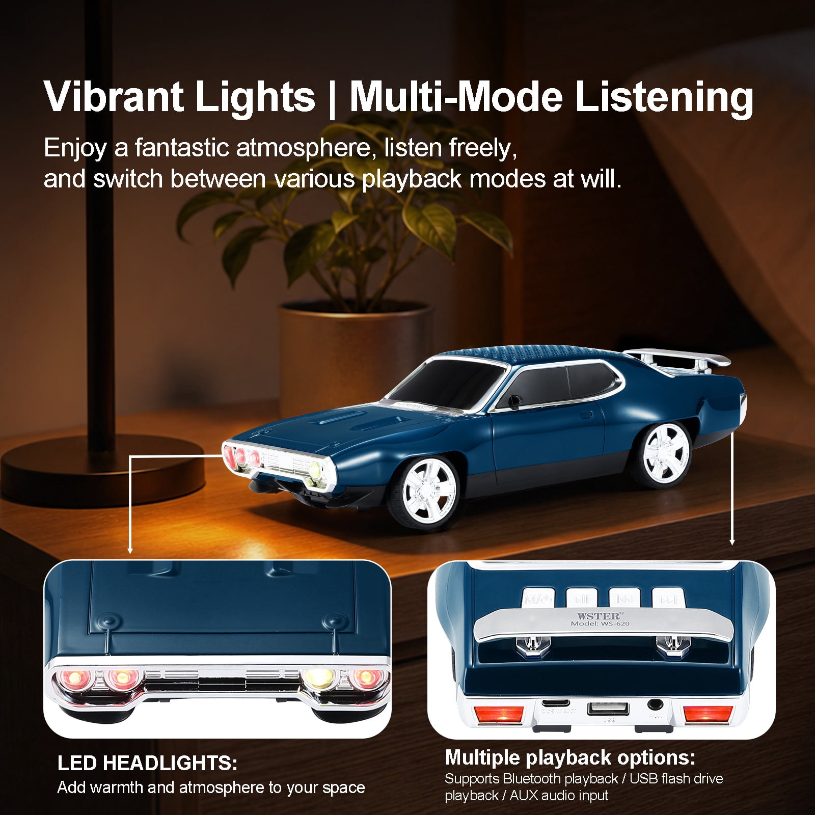 WSTER WS-620 Retro Muscle Car Portable Bluetooth Speaker, 2*5W Heavy Bass Wireless Speaker, Bluetooth 5.4, TWS Pairing, FM Radio, TF/USB, Hands-Free Call,The perfect gift for family and friends