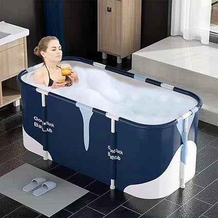 MINGYI 47.2in Large Foldable Bathtub for Adult and Kids, Portable Ice Bathtub Hot Bathtub for Bathroom,Soaking Bath Tub(Blue and White)