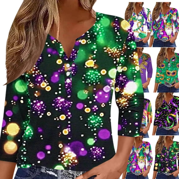 Gamivast Mardi Gras Shirts for Women Plus Size Mask Graphic 3/4 Sleeve Dressy Tshirt Relaxed Fitted V Neck Button Holiday Party Pullover Carnival Outfits 2026