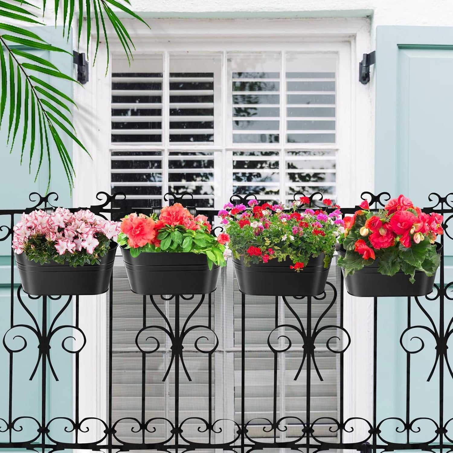 Metal Wall Hanging Planter,Bexikou 3 Pcs Balcony Metal Buckets with Detachable Hooks&Drainage Holes,Large Oval Fence Hanging Planters for Railing Outdoor Great for Garden Home Decor, Black