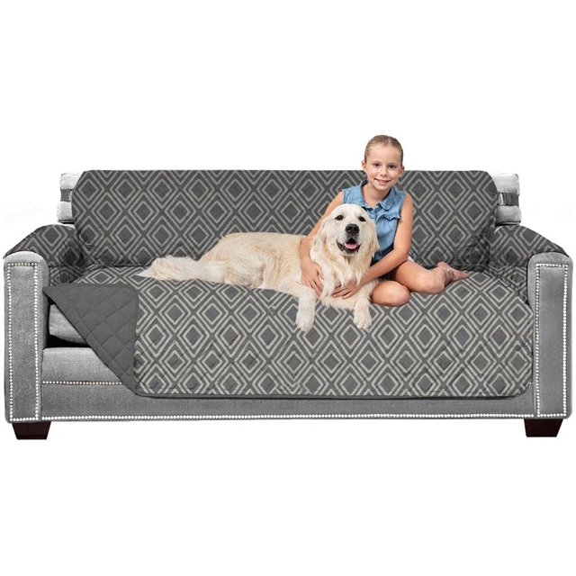 Original Patent Pending Reversible Large Sofa Protector, Many Colors, Seat Width to 70 Inch, Furniture Slipcover 2 Inch Strap, Couch Slip Cover Throw for Pets, Dogs, Kids, Diamond Charcoal