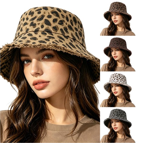 Jane Wardrobe Vintage Leopard Print Bucket Hat for Women, Frayed Brim Wide Brim UV Protection Summer Hat, 1 Piece, One Size