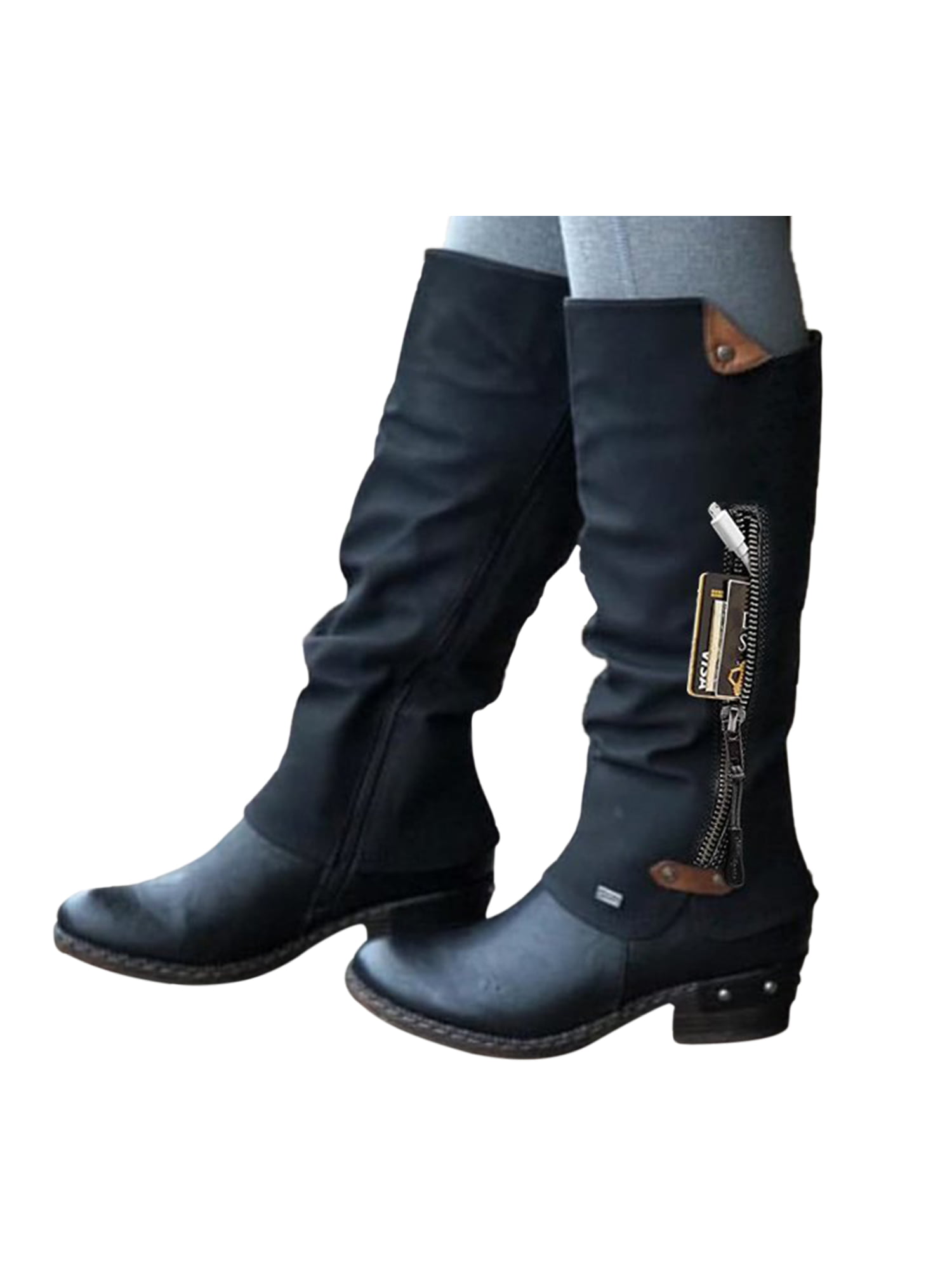 Details about  / Women Round Toe Zip Up Block Heel Leather Mid Calf Boots Motorcycle Boots Shoes