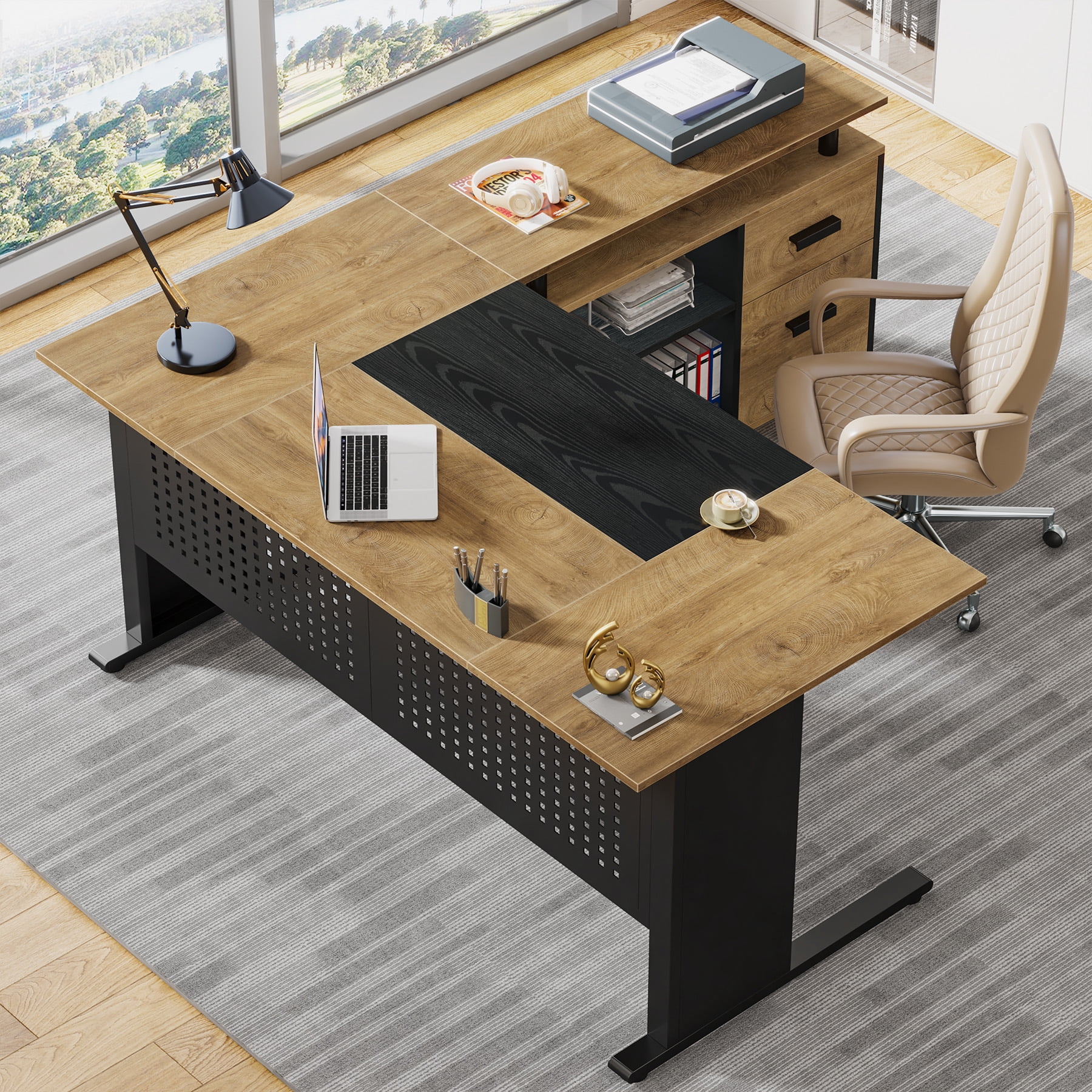 Finmind 63" L-Shaped Executive Desk with File Cabinet, Large Office Computer Desk with Drawers and Shelves, for Home Office, Light Brown and Black