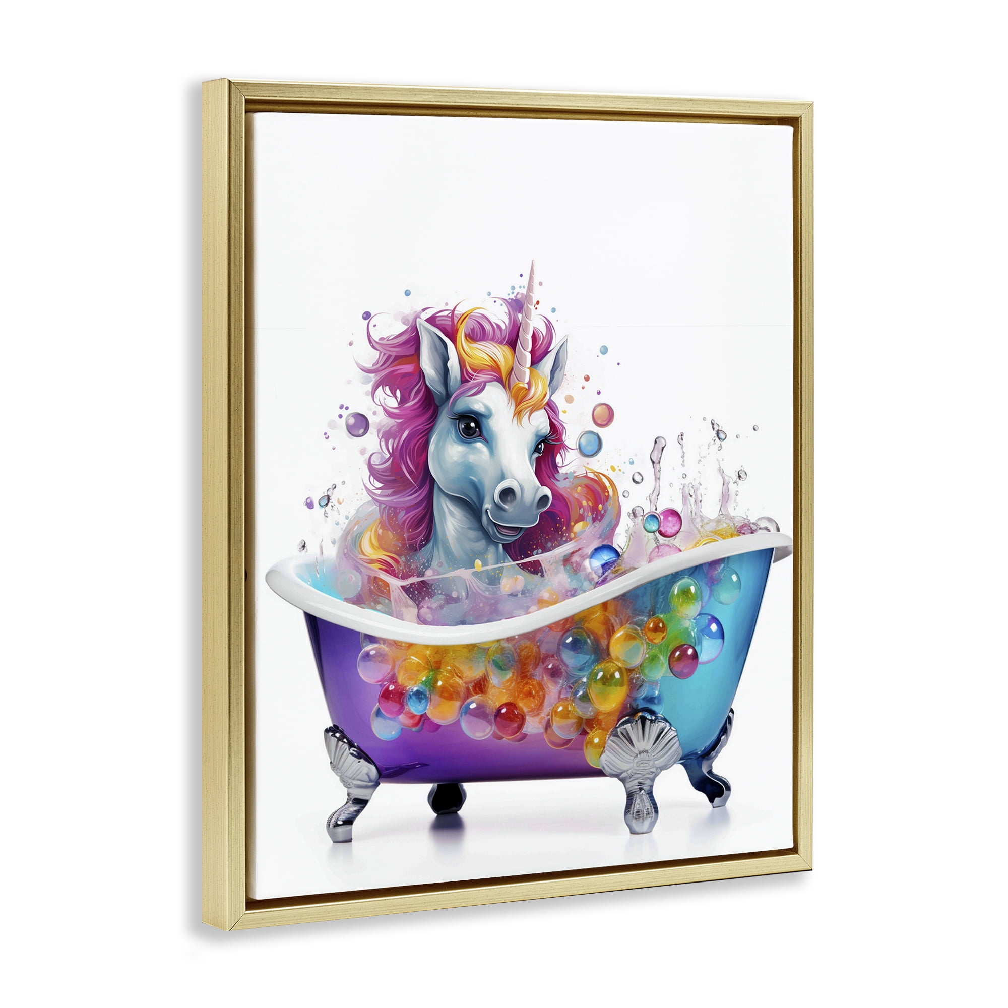 Stupell Industries Rainbow Bubbles Unicorn Typography Painting Gold Floater Framed Canvas Art Print Wall Art, 17 x 21