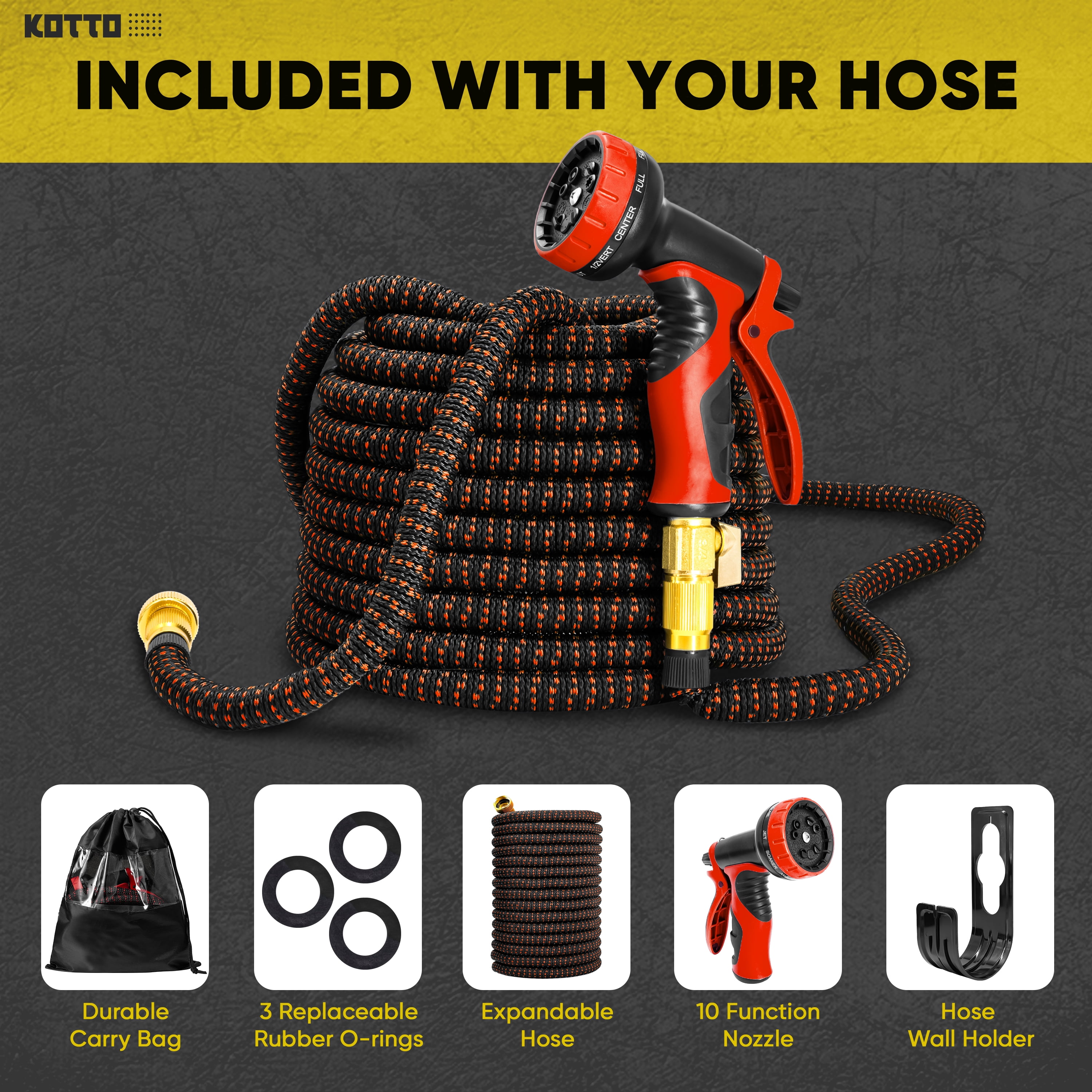 Kotto 50 ft Flexible Garden Hose, Water Hose for Outside with 10 Spray Nozzles, Brass Connector, Leak-Proof, Red