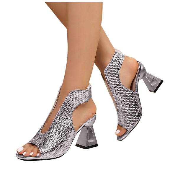 Heeled Sandals for Women Cutout Vintage Leather Open Toe Heels Fashionable Backless Ankle Strap Elegant Pumps Shoes Silver Size 9.5