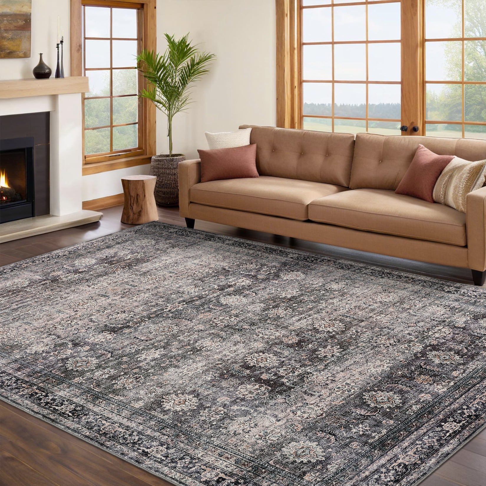 Haperlare 8x10 Vintage Printed Area Rugs Washable Accent Rugs, Non Slip Stain-Resistant Oriental Floor Carpet Farmhouse Low Pile Rugs for Living Room Bedroom Office, Green Camel