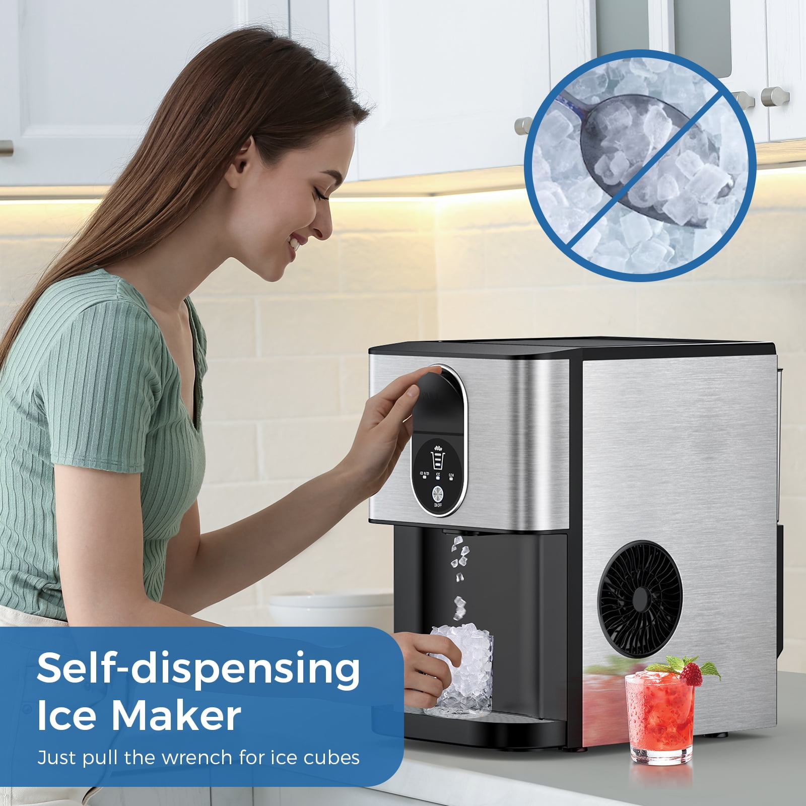 Joy Pebble Stainless Steel Ice Makers Countertop, 26Lbs/24H, 9 Cubes Ready in 6-8 Mins, Self-Cleaning Portable Ice Maker with Handle, for Home