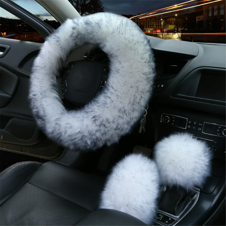 3Pcs Winter Furry Car Steering Wheel Cover Protector + Gear Knob Shifter Parking Brake Cover