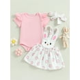 thumbnail image 2 of Baby Girl Easter Outfit Bunny Ruffle Short Sleeve Shirt  one-piece  Suspender Skirt Overall Dress Newborn Easter Clothes Headband, 2 of 9