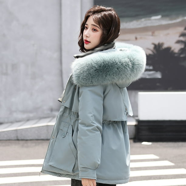 drppepioner Womens Winter Jacket Warm Overcoat Slim Fur-Collar Zipper  Thicker Coat Outwear