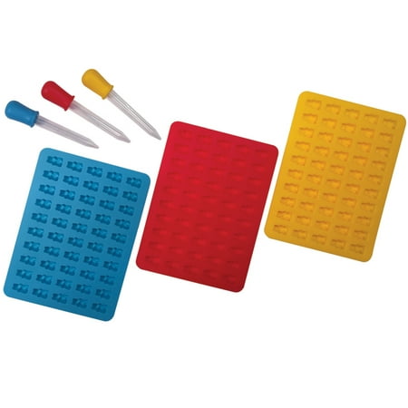 Yellow Rubber Mint Mold - Better Kitchen Products, 3 Piece 50 Cavity Silicone Gummy Bear Molds with 3 Matching Droppers, Aqua, Red and Yellow