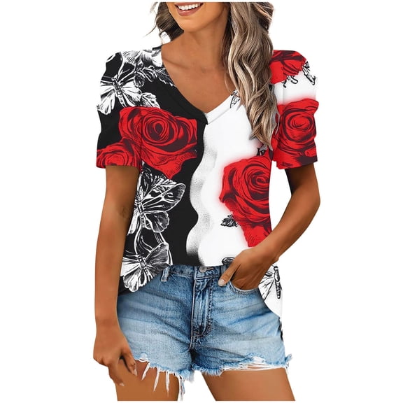 Quinlirra Fashion Women Casual Tops Short Sleeve V-Neck Printing Puff Sleeves T-Shirt Blouse