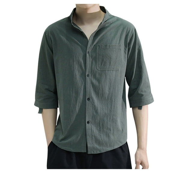 WREESH Men's Casual Button Down Shirt Solid Linen Shirt New Stand-Up Collar Thin Seven-Point Short Sleeved Shirt Green