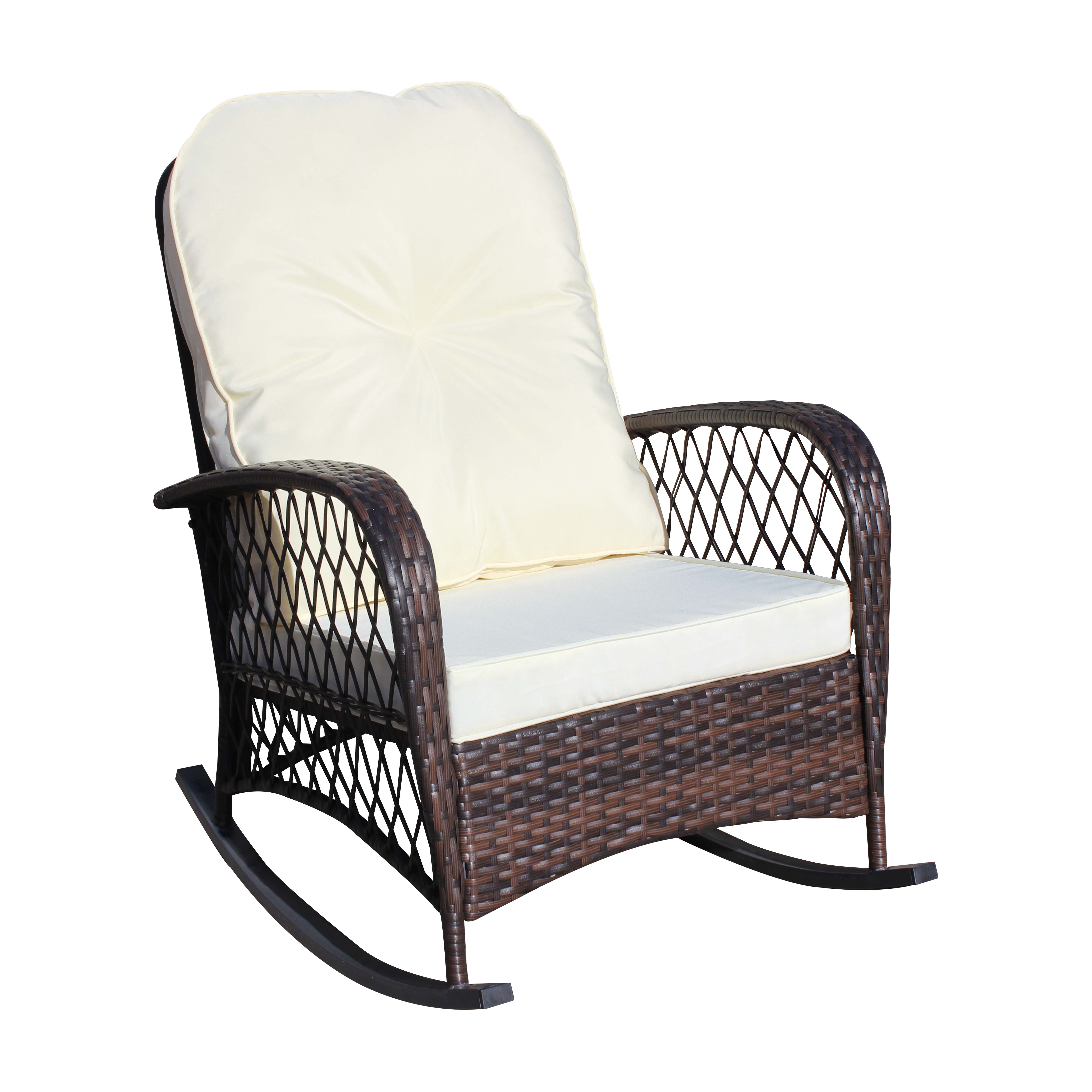Wicker Outdoor Rocking Chair, Wide Seat Thick Cushion Steel Frame Rattan Rocker for Patio Garden Backyard Relax Area, Beige