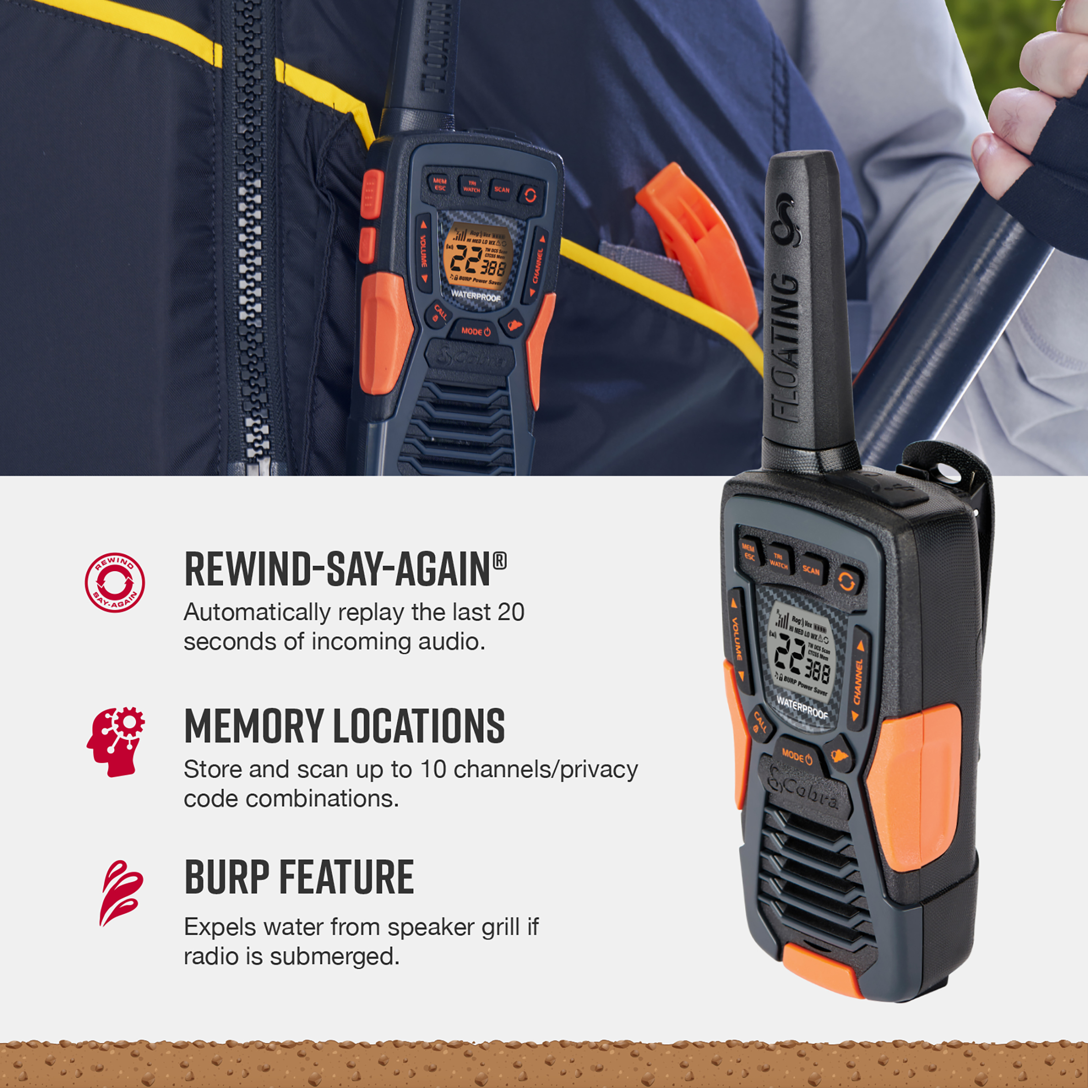 Cobra ACXT1037R Floating Walkie Talkie, 37-Mile Range photo 4