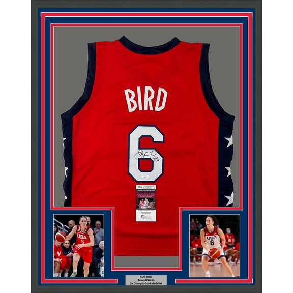 Framed Autographed/Signed Sue Bird 35x39 USA Olympics Red Basketball Jersey JSA COA