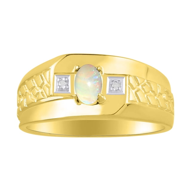 RYLOS Men's Rings 14K Yellow Gold Classic Nugget 6X4MM Oval Gemstone & Diamond Ring Opal October Birthstone Rings Size 8