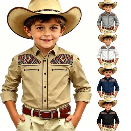 Gunia Western Cowboy Shirts For Boys Children Fashion Chest Print Casual Large Sized Long Sleeved Collar Shirt Shirts For Boys Khaki 12-13 Years