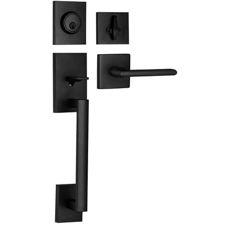 Berlin Modisch HandleSet Front Door Entry Handle and Deadbolt Lock Set Slim Square Single Cylinder Deadbolt and Lever Reversible for Right & Left Sided Doors Heavy Duty - Iron Black Finish