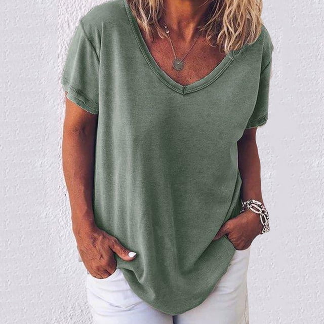 T-Shirt Décontracté Mode Simple Couleur Unie Col en V Manches Courtes pour Femmes