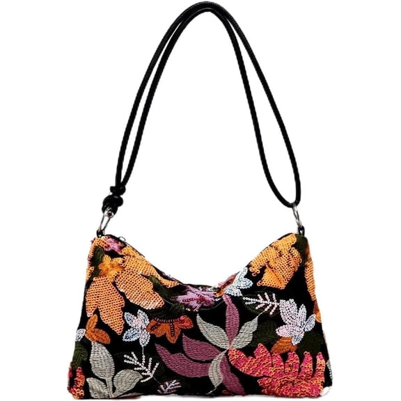 SPEKSEE Women’s Vintage Floral Embroidered Sequin PU Shoulder Bag, Stylish Top Handle Hobo Bag for Party Wedding Weekend