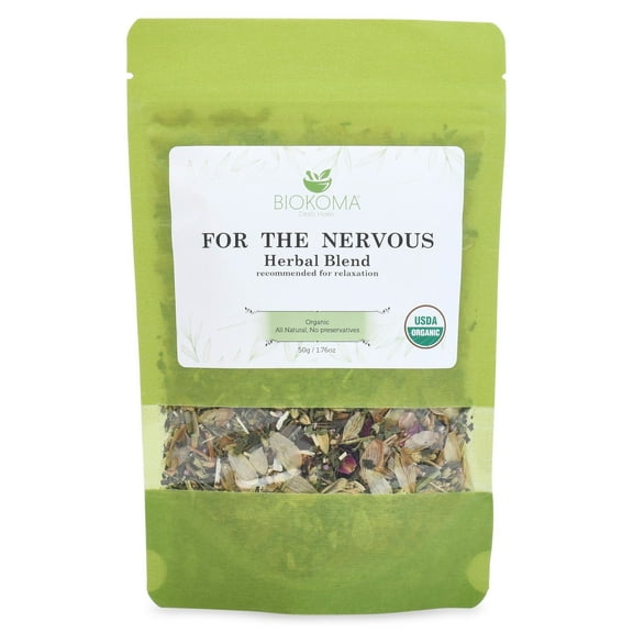 Biokoma Pure and Organic for The Nervous 50g 1.76oz Herbal Blend in Resealable Moisture Proof Pouch, USDA Certified Organic - Herbal Tea, No Additives, No Preservatives, No GMO