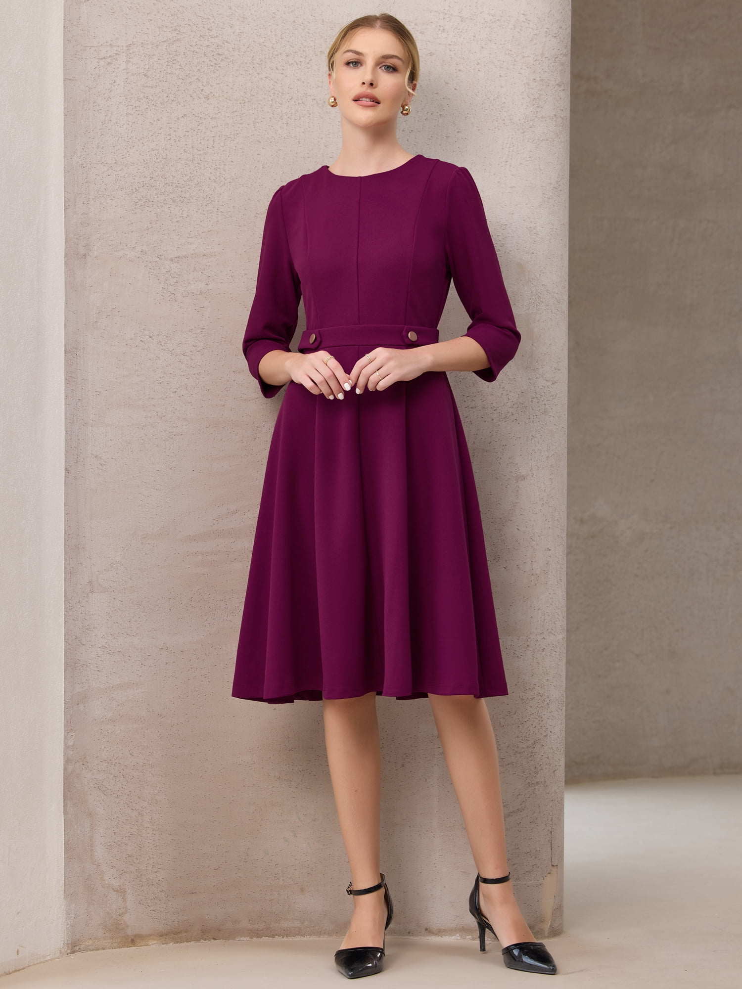 DARING DIVA 3/4 Sleeve A-Line Crew Neck Flare Midi Dress 2XL Purple