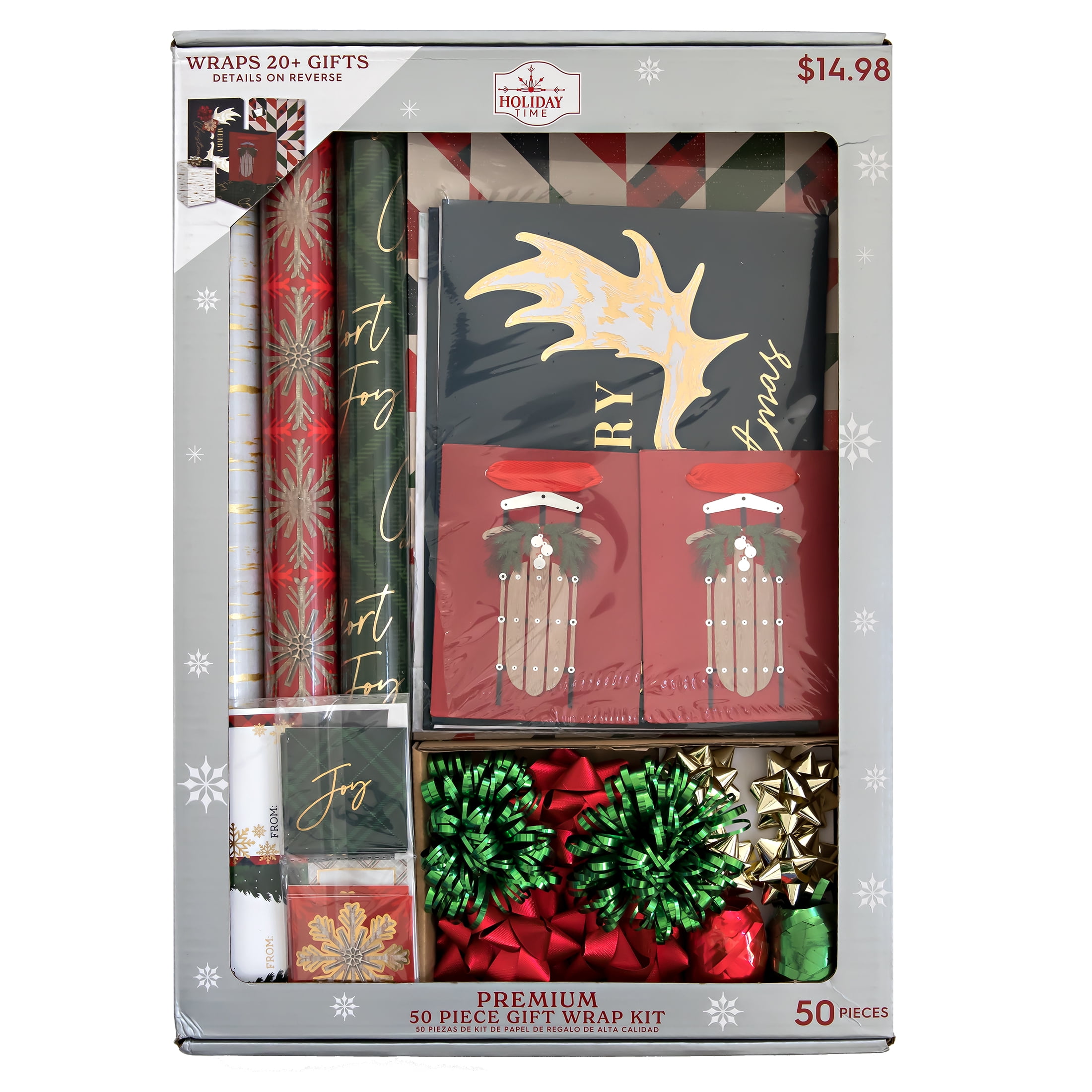 Holiday Time Premium Gift Wrap Kit, 50 pieces, 3 Rolls Gift Wrapping Paper, 2 Gift Bags, 4 Gift Boxes, 10 Gift Tags, 20 Gift Labels, 11 Gift Bows, Winter Lodge Collection, Red Green