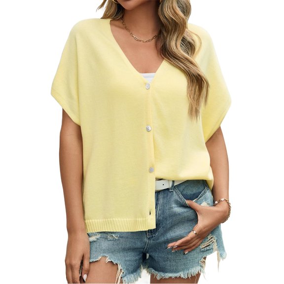 Short Sleeved Oversized Women Solid V-neck Casual Loose Knit Sweater Lightweight Button Tops