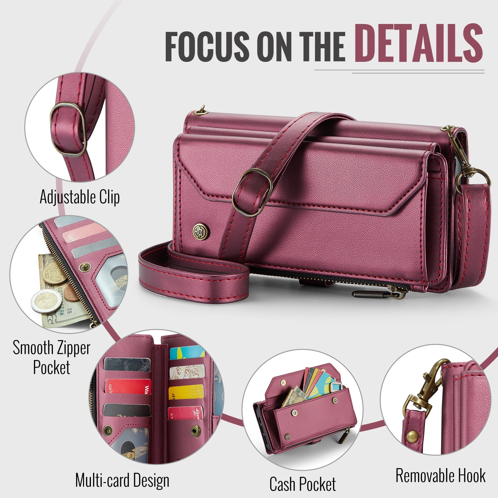 for iPhone 14 Plus Full Body Protection Wallet Folio Flip Case, Shoulder Strap & Wristlet Card Slots Zipper Pocket RFID Blocking Rugged Durable PU Leather Phone Case Cover, Winered