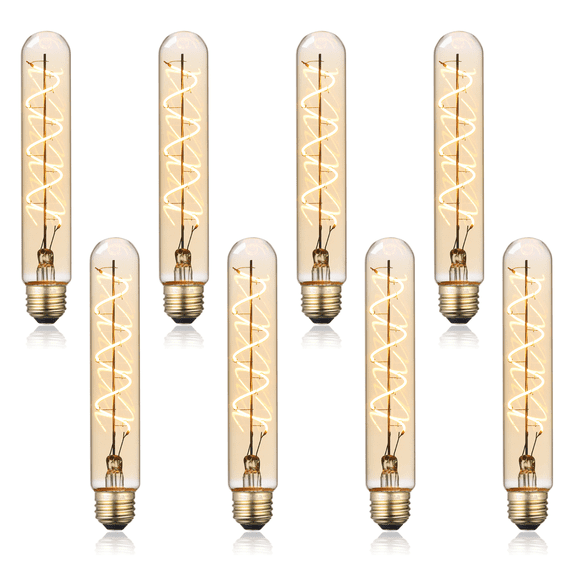 8 Pack LED Vintage Spiral Filament Bulb T10, 4.5W 7.17" Tubular Edison Light Bulbs, E26 Base, Dimmable Decorative Bulb, Amber Glass, 2000K Soft Warm, ETL/FCC